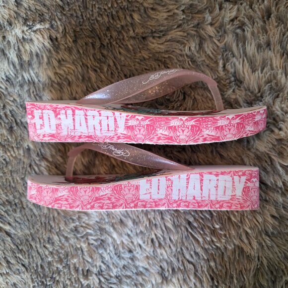 Ed Hardy koi fish graphic wedge Flip Flop sandal in original box 7 - Picture 4 of 11